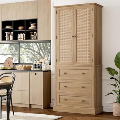 FACBOTALL 73" Tall Kitchen Pantry, Rattan Doors Pantry Cabinet with 3 Drawers and Adjustable Shelf, Large Wood Storage Cabinet, Rustic Wood Cupboard for Kitchen, Dining Room, Bathroom, Walnut Cover
