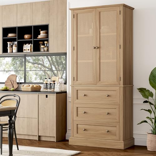 Comparison: Best Wood Cabinets For Kitchen 7 FACBOTALL 73" Tall Kitchen Pantry, Rattan Doors Pantry Cabinet with 3 Drawers and Adjustable Shelf, Large Wood Storage Cabinet, Rustic Wood Cupboard for Kitchen, Dining Room, Bathroom, Walnut