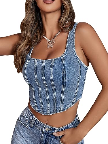 Floerns Women's Square Neck Sleeveless Corset Denim Top Asymmetrical Hem Zip Up Back Crop Tank Top