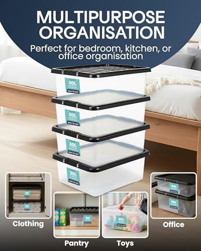 Tanness - 4 Pack 30L Underbed Storage Boxes With Lids | Clear Plastic Storage Containers With Black Lids | Stackable Storage Boxes For Home, Office, And Kitchen Organization - 5