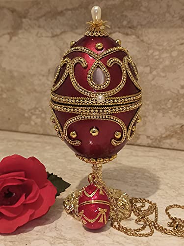 Luxury Gifts For Women Red Faberge Egg Music Box Girlfriend Birthday Gifts Romantic Jewelry Box For Teacher Handcarve Natural Eggs Swarovski Gemstone Matching 24K Gold Necklace Present Box For Her #TOP1