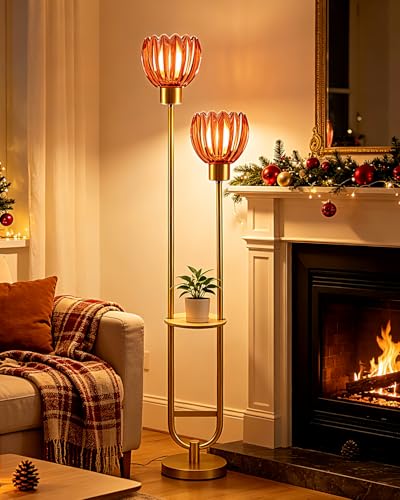 Image of Lightdot Glass Floor Lamp with Table 2-Lights Modern Gold Standing Tall Lamps with Pomegranate Red Lotus Glass Shade,LED Floor Lamp with Foot Switch for Living Room Bedroom Office (Bulbs Included)