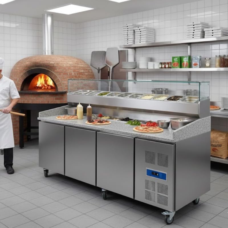Générique Tavolo per pizza refrigerato a 3 ante con vetrina refrigerata indipendente – Piano Granito – 580L