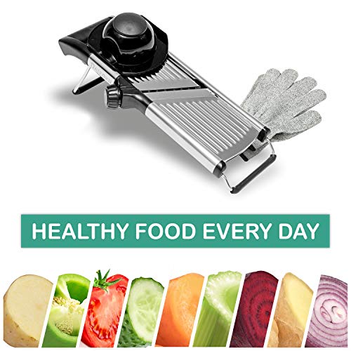 Adjustable Manual Mandoline Slicer Stainless Steel - Kitchen Food Cutter and Chopper For Vegetable Julienne Zucchini and Fruit. Chip from Potato and Onion - Food Grater with Pair Cut-Resistant Gloves