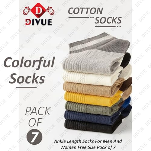 Image of DIVUE Ankle Length Socks for Men & Women | 7 Pair Multi Color Combo Pack | Cotton Rich, Breathable, Sweat Absorbent, Anti Odor, Stretchable, Durable, Multipurpose Sports, Gym & Casual Use Socks