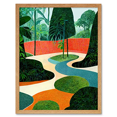 Midcentury Style Garden Abstract Jungle Painting Orange Teal Green Artwork Framed Wall Art Print 9X7 Inch