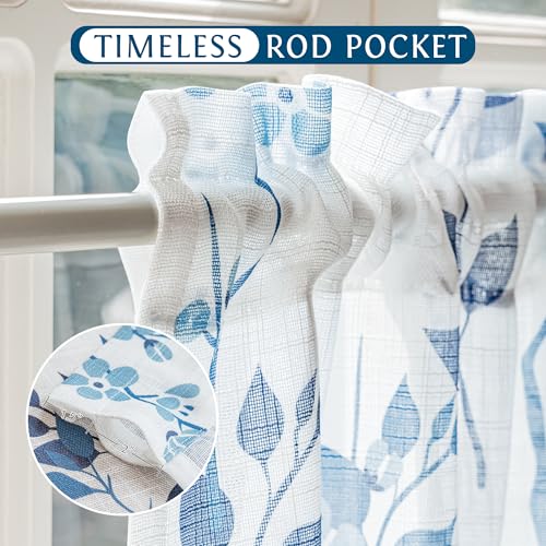 Image of Beauoop Linen Floral Semi Sheer Valance Curtains Kitchen Blue Navy 52x18x1