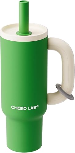 CHAKO LAB BaWang - Vaso aislado de acero inoxidable Vaso con asa y popote de 33 onzas, apto para portavasos para viajes, botella de agua a prueba