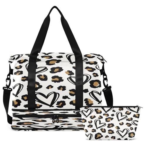 Kigai Love Leopard Travel Duffle Bag for Women & Men Waterproof Sports Tote Gym Bag Shoulder Weekender Overnight Bag Carry on Luggage Bag with Shoe Compartment2