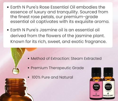 Image of Earth N Pure Jasmine & Rose Essential Oils | Pack of 2 (15 ml each) | 100% Pure, Undiluted, Natural and Therapeutic Grade - Perfect for Aromatherapy, Skin Therapy & More