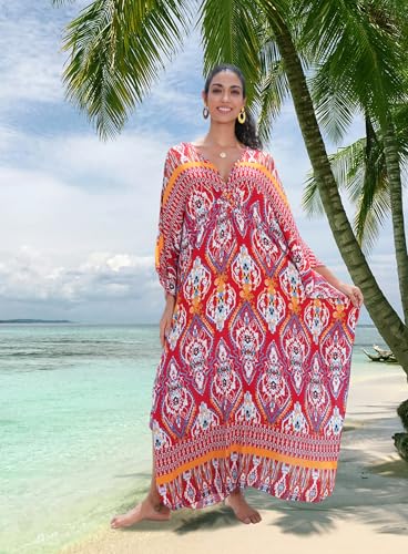 Image of Yanziliu Kaftan Dress for Women,Plus Size Hawaiian Batwing Sleeve Beach Cover Up Summer Swimsuit Dresses