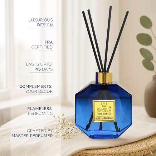 Image of IRIS Celeste Lavender & Fougere Reed Diffuser Set - 150ml | 4 Premium Black Fiber Reed Sticks (9 inch) | Long-Lasting Air Freshener for Home, Bedroom, Office | Ideal for Gifting