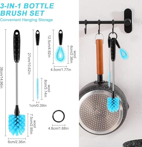 Image of 3Pcs Bottle Cleaner Brush Set, 15 inch Long Handle Washing Baby Bottle Cleaning Brushes for Narrow Neck Water Bottles Tumblers Straws Coffee Mugs Sport Bottles Flasks and Thermos Lid Cup Brush