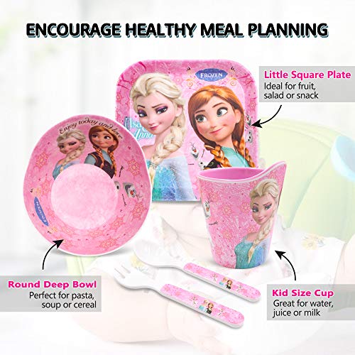 Finex Frozen Queen Elsa Princes Anna 5 Pcs Set Children Cartoon Durable Tableware Meal Dishes Mealtime Food Feeding Eating Set includes Dinner Serving Bowl Plate Cup with a Matching Spoon & Fork Kids