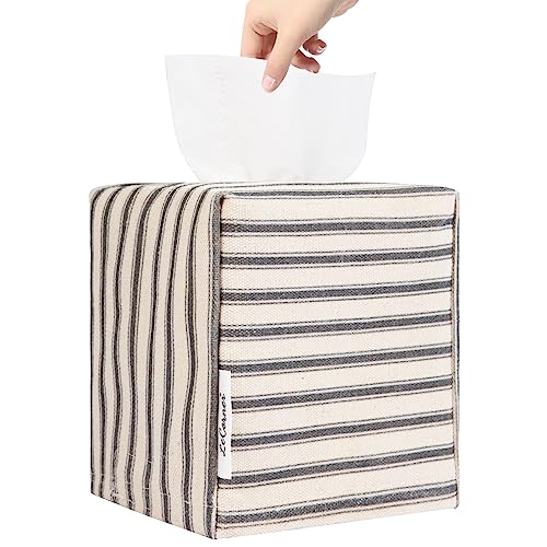 LeCorner Tissue Box Cover Fabric Tissue Box Holder Square Stylish Toilet Paper Storage Modern Bathroom Counter Organizer Decorations Accessories Ticking Stripe 5x5x5 (Pastel Grey)