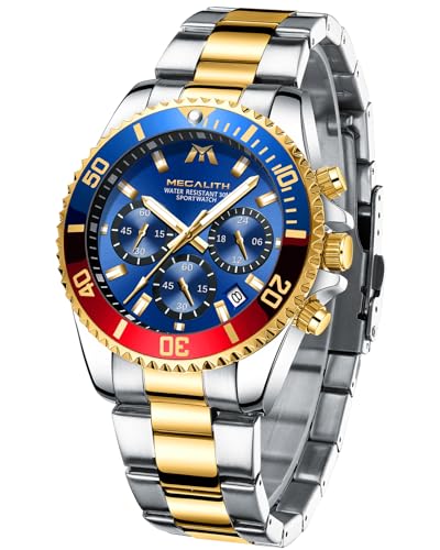 MEGALITH Reloj Hombre Cronógrafo Acero Inoxidable Oro Relojes Pulsera Hombre Esfera Azul Analogico Luminosa F