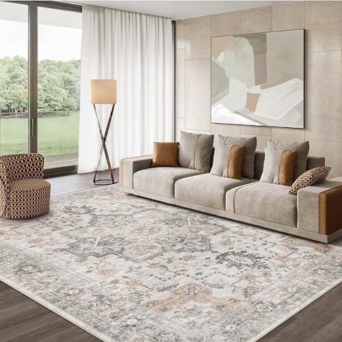 GENIMO 8x10 Area Rugs for Living Room, Machine Washable Non Slip Vintage Retro Rugs, Low Pile Lightweight Chenille Print Rug for Bedroom, Dining Room, Home Office, Light Taupe Brown - Image 3