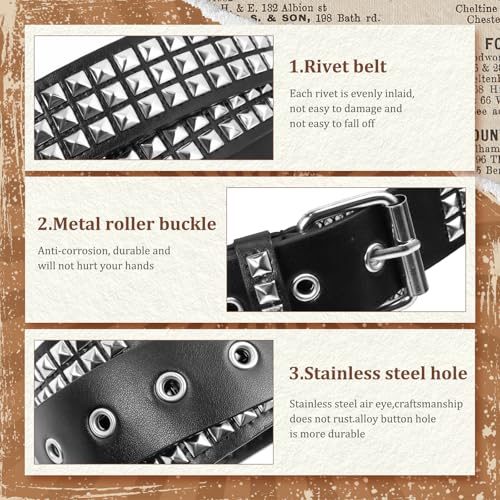 3 Pcs White Black Studded Belt, Y2K Belt Goth Emo Punk Rock with Grommet Bright Metal Pyramid for Women Men4