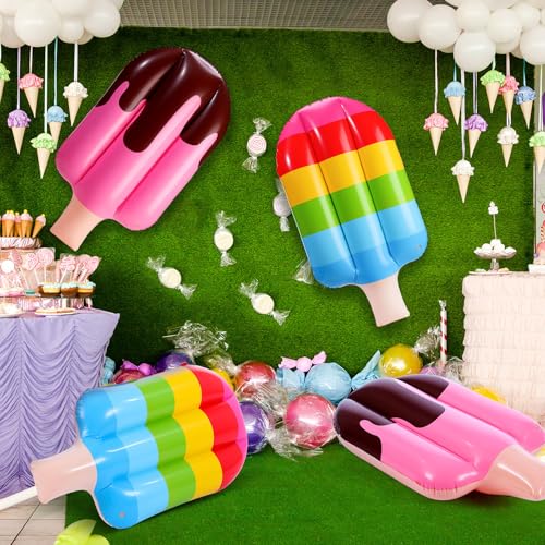 Image of JellyArch 4 Pcs 36 Inch Inflatable Ice Cream Blow up Rainbow Ice Cream Inflatable Summer Decorations for Summer Pool Beach Birthday Party Decor