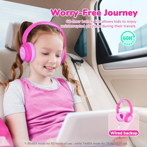 Image of iClever BTH22 Kids Bluetooth Headphones, 60H Play Time, 74 /85 dBA Safe Volume, Bluetooth 5.4, USB C, Over Ear Kids Headphones Wireless with Mic AUX Cord for iPad /Tablet /Travel /School (Bright Pink)