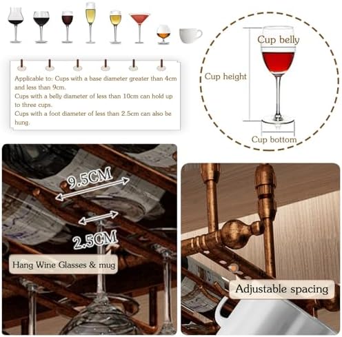 Vintage Wine Glass Rack - Adjustable Ceiling Hanging Iron Stemware Holder Industrial Metal nizer for Bar & Kitchen 23.6in Black Wine Glass Storage Hanger,Gold-47.2in