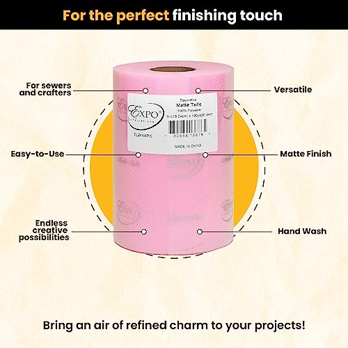 Image of Expo International Decorative Matte Tulle, Roll /Spool of 6 inch X 100 Yards, Lightweight Polyester Tulle Fabric for Tutus, Costumes, and Party Decorations, Washable, Easy-to-Use, Pink