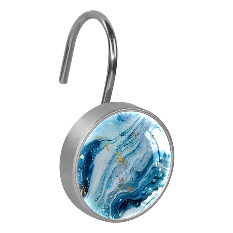 12 Pcs Decorative Shower Curtain Hooks, Rust Proof Glass Surface Stainless Steel Rings for Bathroom Bedroom Kitchen Home Bath Room Rods Decor (Blue