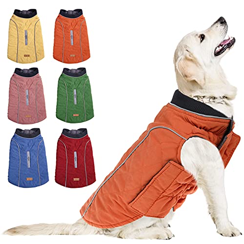 KOESON Windproof Dog Cold Weather Coat, Reflective Pet Winter Thick Warm Outdoor Jacket with Harness Hole, Comfy Cotton Apparel Padded Vest for Small Medium Large Dogs Orange 2XL