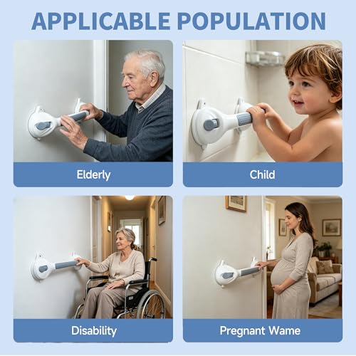 Image of Suction Cup Grab Bars,16.5 Inch Anti Slip Bathroom Grab Bar, No Drill Handicap Grab Bars, Removable Safety Support Handrail, Assist Bath Shower Handle for Elderly Injury Senior (1.37 inch Dia, 1 Pack)