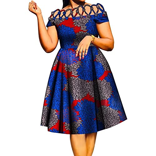Image of XIAOHUAGUA African Dresses for Women Cotton Cutout Neck Short Sleeve Ankara Dashiki Cocktail Party A-Line Flare Dress