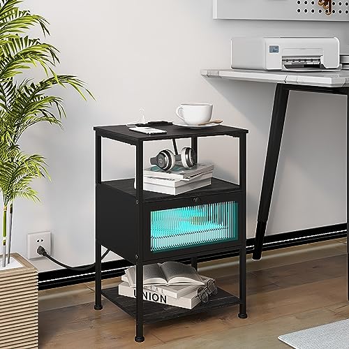 Image of EXOTICA Nightstand with Charging Station and LED Lights Small Black End Table with USB Ports Visible Acrylic Door Storage Bedside Table for Bedroom Sofa Couch L-15.74 inch x W-11.8 inch xH-23.42 inch