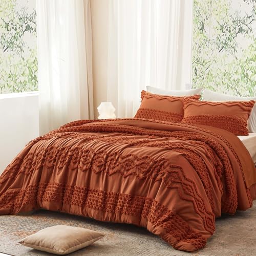 Image of Luxudecor Terracotta Boho Tufted Comforter Set King Size 3 Pieces Boho Shabby Chic Comforter Farmhouse Embroidery Bedding Set Soft Comforter for All Seasons (Terracotta, 104''x90'')