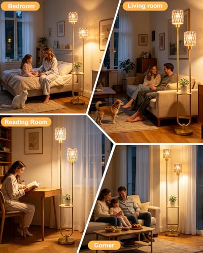 Image of Amber Glass Floor Lamp with Table Shelf, Modern Gold Standing Lamp, Tall Farmhouse Floor Lamp with Foot Switch & 3000K Warm White Bulb Included for Living Room Bedroom Home Office