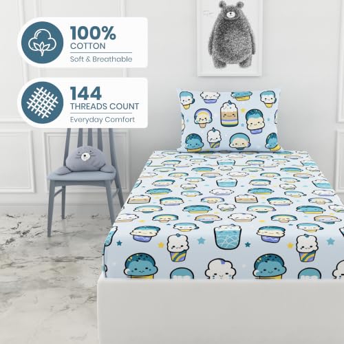 Image of LORETO - A QUALITY LINEN BRAND 144 TC 100% Pure Cotton Single Fitted Bedsheet with 1 Pillow Cover for 72 x 36 Inch Mattress, All-Around Elastic, 8 Inch Deep Pocket, Kawaii Pastel Sky Drinks