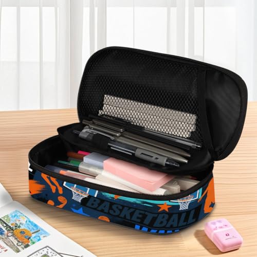 Image of Pardick Basketball Graffiti Big Capacity Pencil Case Pencil Pouch with Zipper, Pen Marker Stationery Bag Art Supply Storage Organizer Box Portable Stationery Storage Bag Pen Holder for Boys Girls