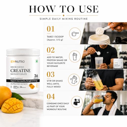 Image of Creatine Monohydrate Micronized Powder, Alphonso Mango Flavour, 109 g | Easy Mix Creatine Supplement for Men & Women | Pre & Post Workout | Gym & Fitness Supplement