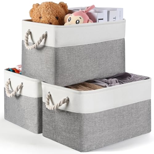 Dovesail Storage Basket (3 Pack), Fabric Storage Bins 15” (L) x11” (W) x9.5” (H) for Shelves, Foldable Large Canvas Storage Baskets with Handle for Organizing Clothes Nursery Laundry-White&Grey