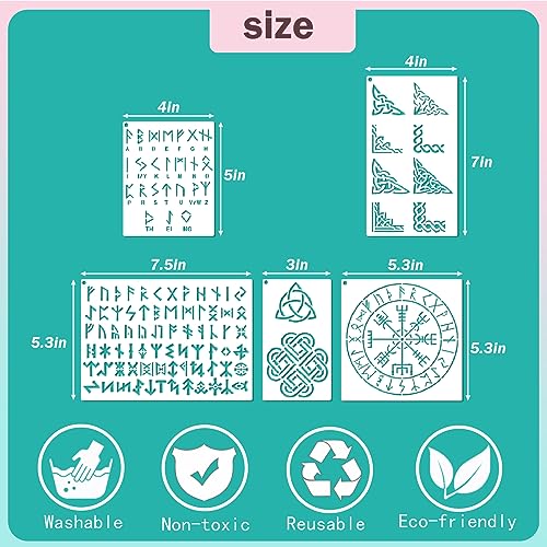 Runes Stencils for Painting on Wood Stones Reusable Celtic Border Ancient Alphabet Viking Symbol Stencils for Crafts Canvas Furniture Wall Drawing Card Making Pattern Decorative (Runes)