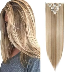 26″ Long Straight Clip in Hair Extensions Full Head 8Pcs 18Clips Ombre Colorful Synthetic Hair Clip in Hairpiece Sandy Blonde mix Bleach Blonde