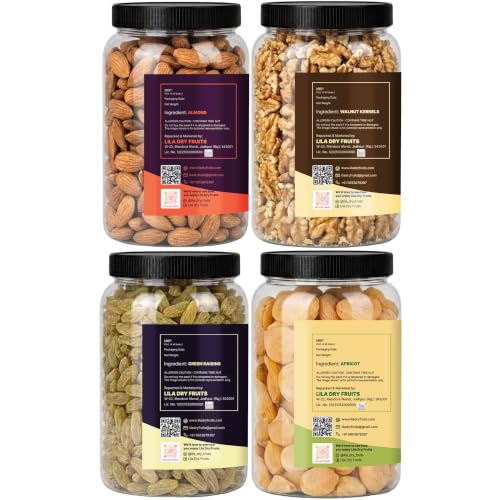 Image of LILA DRY FRUITS Mixed Dry Fruits Combo Almond Walnut Apricot Green Raisin 250 Gms x 4