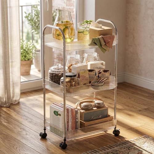 STARLATTA 3 Tier Rolling Cart with Lockable Wheels, Clear Acrylic Utility Trolley with Handle, Heavy-Duty Storage Organizer for Kitchen Bathroom Nursery Laundry - Snack Book Craft Organizer (Clear)
