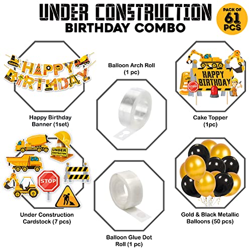 Image of Zyozique 61 Pcs Under Construction Theme Balloon Arc Decoration Kit for Boys with Happy Birthday Paper Banner