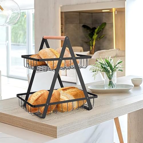 Pro Kitchen Quality 2 Tier Fruit Bowl Basket Detachable Kitchen Countertop Organizer for Bread, Fruits, Vegetables, Snacks, Metal Vegetable Storage Rack, Black with wooden handle. Easy