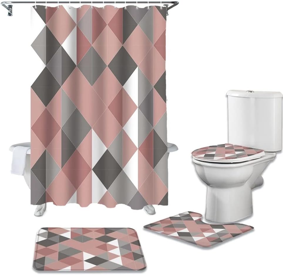 Geometric Bathroom Curtain Set Bath Mat Sets Shower Curtains with Hooks Non-Slip Pedestal Rug Toilet Cover