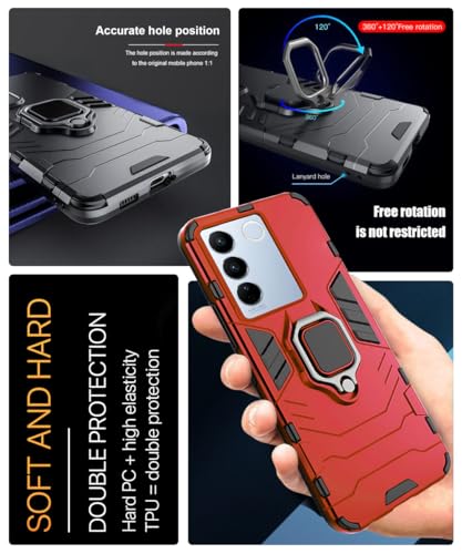 Image of WOW IMAGINE Shock Proof Back Case Mobile Cover for Vivo V27 | V27 Pro 5G (Tough Armor | Hybrid PC + TPU | Full Protection with Ring Holder & in-Built Kickstand | Red)