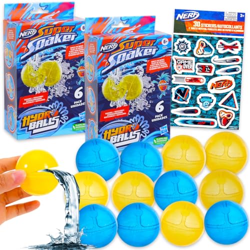 Nerf Super Soaker Hydro Ball Set - Bundle of 12 Nerf Super Soaker Refillable Balls for Pool, Backyard Play and Stickers | Reusable Water Balloon Pack