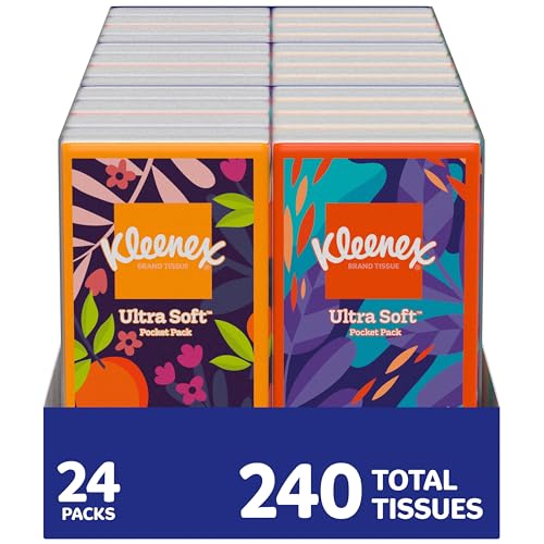 Image of Kleenex On-The-Go Facial Tissues, 72 On-The-Go Packs (3 Trays of 24 Packs), 10 Tissues per Box (720 Total), 3-Ply, Packaging May Vary