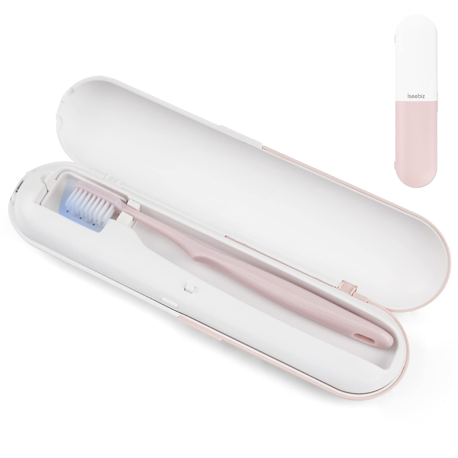 Iseebiz 歯ブラシ除菌器 UV-C除菌 3分自動タイマー 歯ブラシ除菌ケース収納 USB充電式 コードレス 持ち運びに便利 コンパクト 壁掛け可能 家庭用 旅行用 携帯用 ピンク XDQ-0387