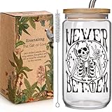 Enanaimg Halloween Skull 16oz Glass Cups with Lids and Straws Gifts for Men Coffee Lovers Friend - Never Better, Halloween Witch Gothic Coffee Cup Glass Tumbler Gifts for Men, Dad Mom Sister Her