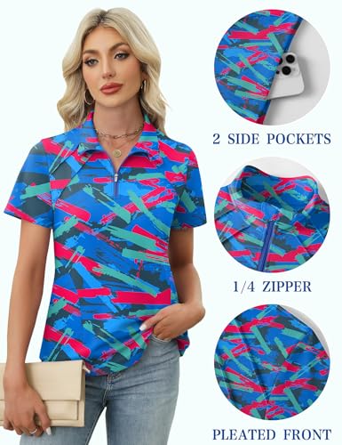 Image of LOMON Womens Golf Polo Shirts Summer Short Sleeve 1 /4 Zip Tops Moisture Wicking Casual Tennis Activewear with Pockets
